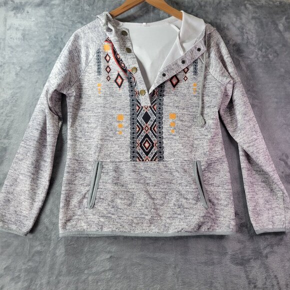 Womens Grey Aztec Print Hoodie Large 100% Cotton Pullover Casual Boho Southwest - Picture 1 of 11